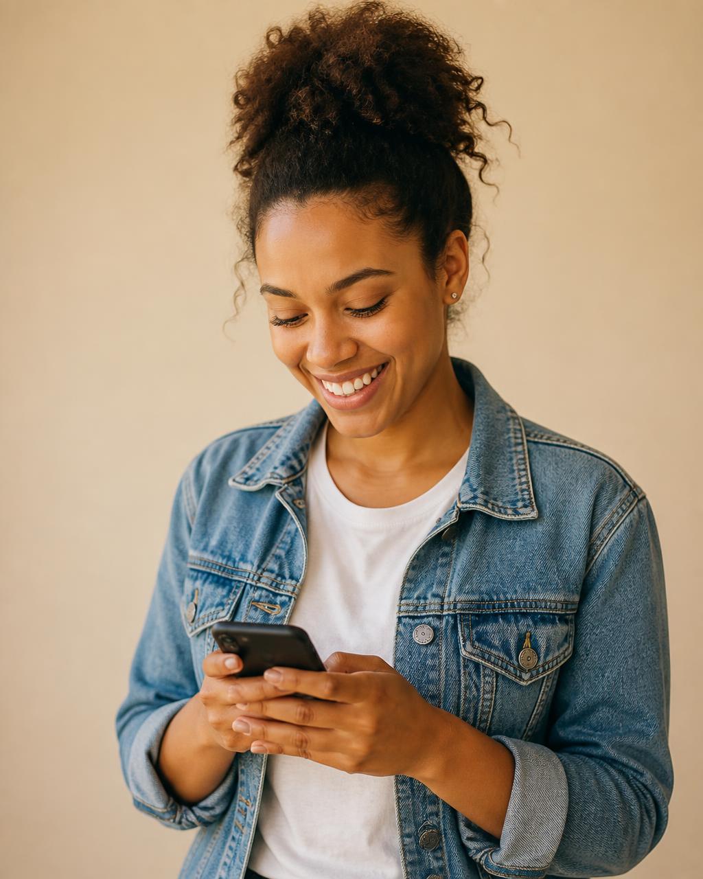 Smiling South African woman using her phone